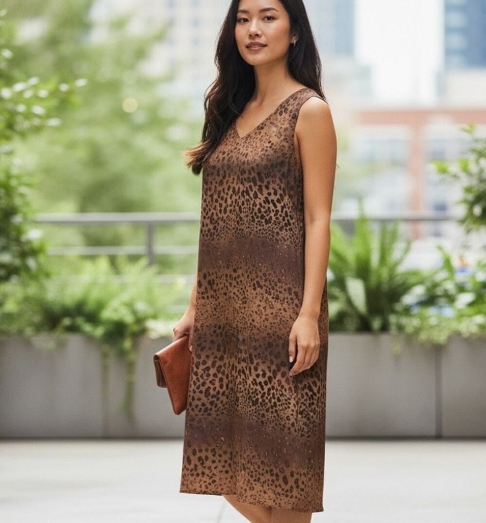 MAGGY LONDON Dress 100% Silk Y2K Cottage Core Boho Leopard Print Brown SZ 18